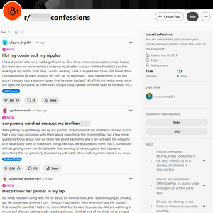 Reddit Taboo Confessions - Reddit.com/r/Tabooconfessions/ is a subreddit for (step) family porn and allegedly true sex confe...